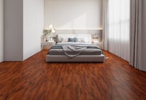 Elegant-Teak-Wood-Vinyl-Flooring in-Modern-Bedroom Elegant Teak Wood Vinyl Flooring in Modern Bedroom