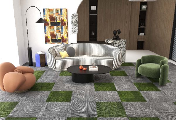 GreenGrid-Flooring Green and Grey Checkered Carpet Tiles for Stylish Living Spaces
