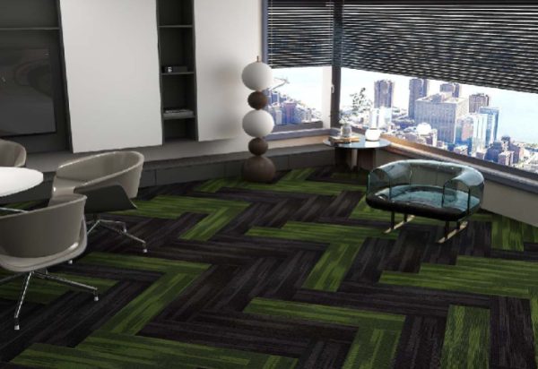 VistaWeave-Floors Green and Black Herringbone Carpet Tiles for Modern Office Interiors