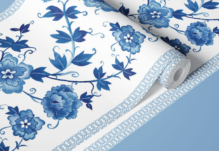 White and Blue Floral Wallpaper Roll